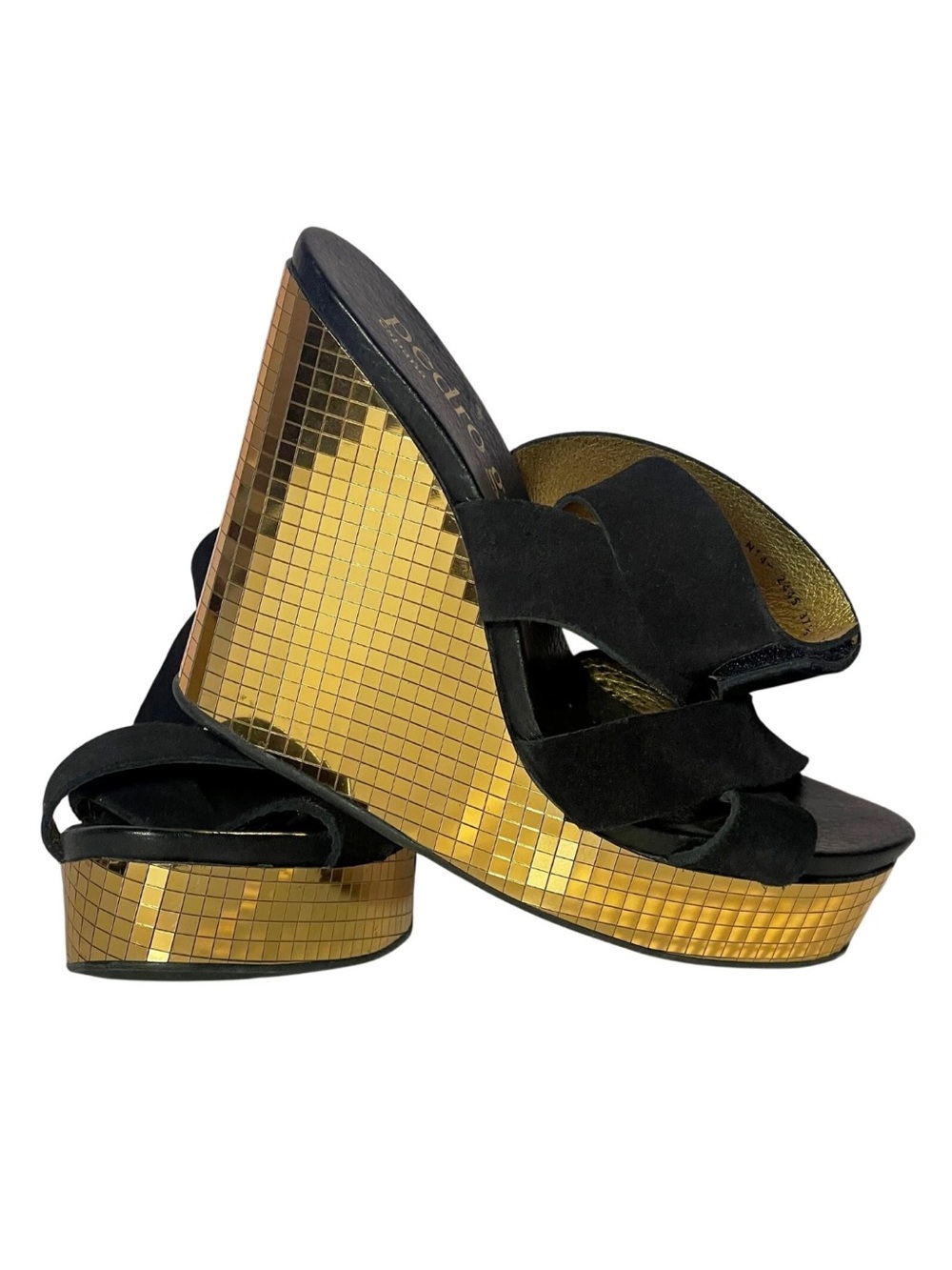 Pedro Garcia Black Suede & Gold disco Wedge Slide Sandals